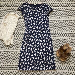 Boden Navy and Cream Bird Print Midi Dress